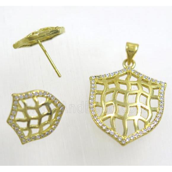 Raw Brass pendant and earring studs paved zircon