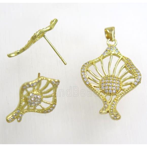 Raw Brass pendant and earring studs paved zircon