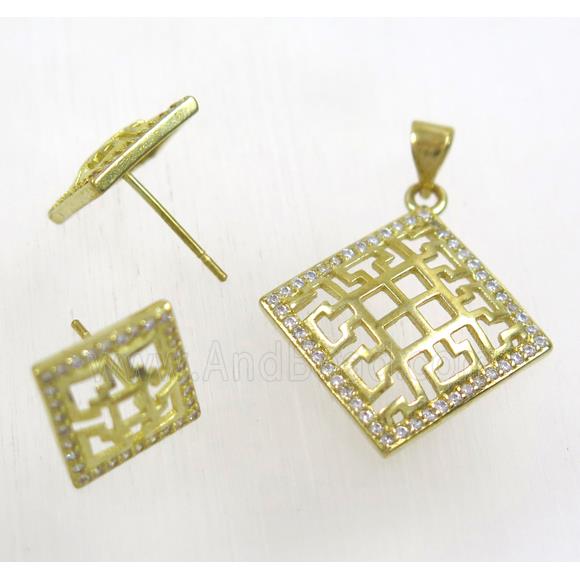 Raw Brass pendant and earring studs paved zircon