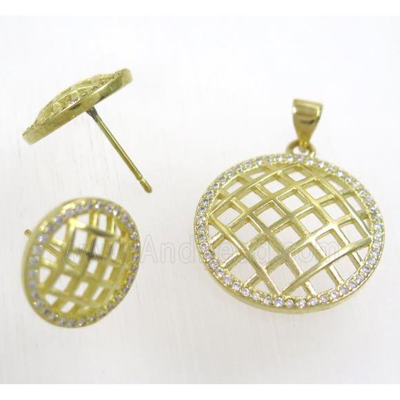 Raw Brass pendant and earring studs paved zircon