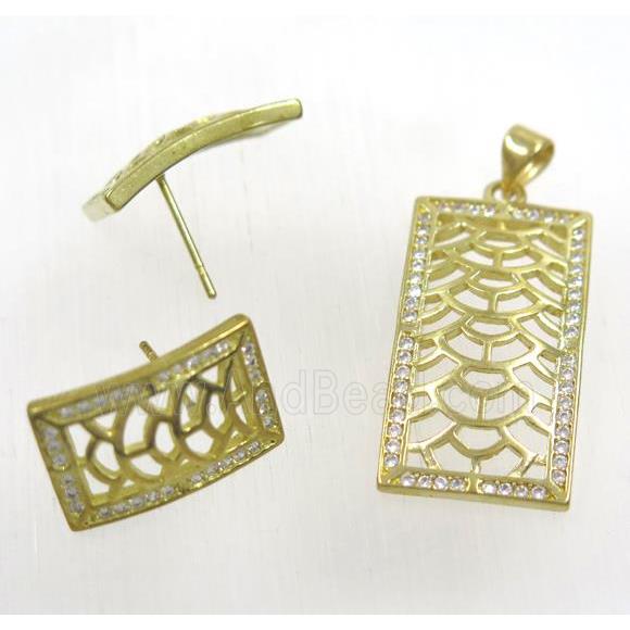 Raw Brass pendant and earring studs paved zircon