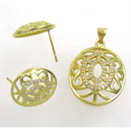 Raw Brass pendant and earring studs paved zircon