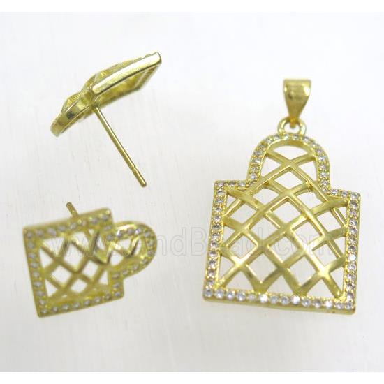 Raw Brass pendant and earring studs paved zircon