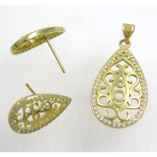 Raw Brass pendant and earring studs paved zircon