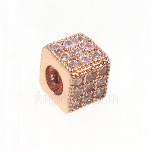 copper cube beads paved zircon, rose gold