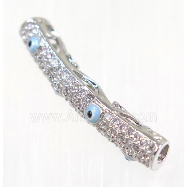 copper tube beads paved zircon with evil eye, platinum plated