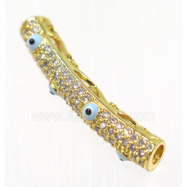 copper tube beads paved zircon with evil eye, gold plated