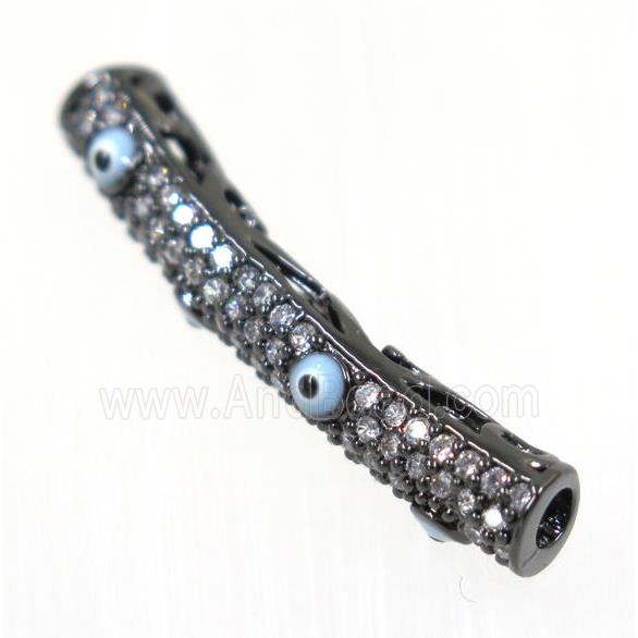 copper tube beads paved zircon with evil eye, black plated