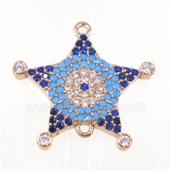 copper Star connector paved zircon, rose gold, turq