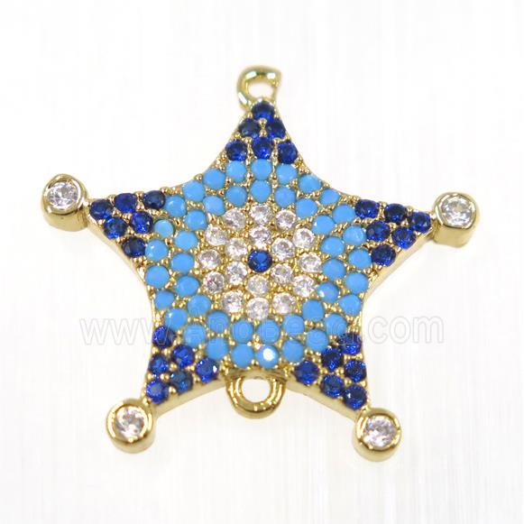 copper Star connector paved zircon, gold plated, turq