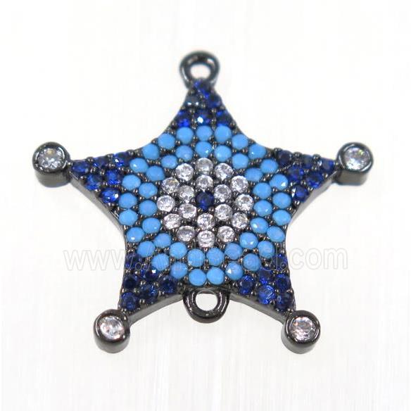 copper Star connector paved zircon, black plated, turq