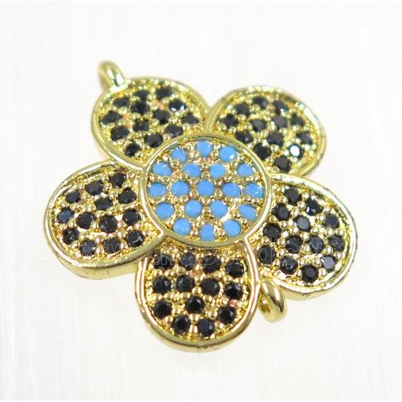 copper flower connector paved zircon, gold plated