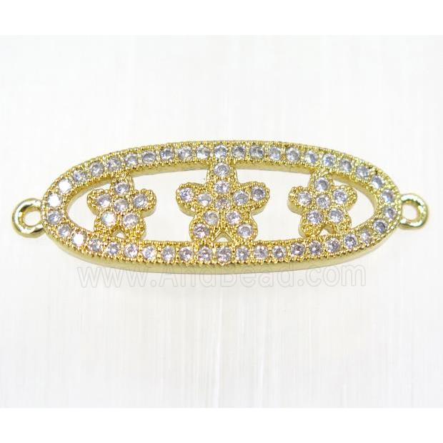 copper oval connector paved zircon with flower, gold plated