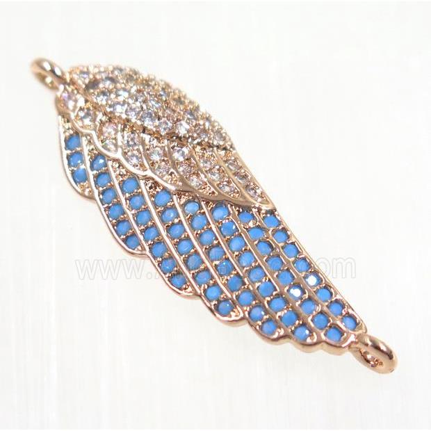 copper Wing connector paved zircon, rose gold, turq