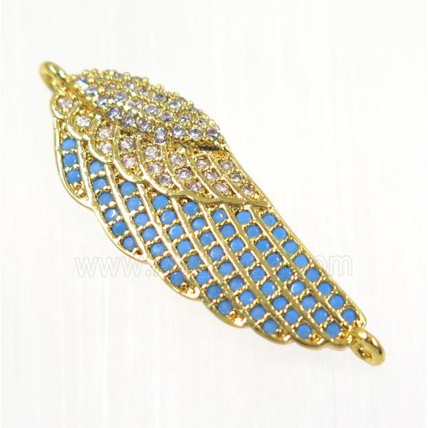 copper Wing connector paved zircon, gold plated, turq
