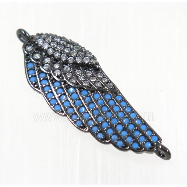 copper Wing connector paved zircon, black plated, turq