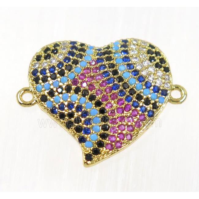 copper Heart connector paved zircon, gold plated, multi-color