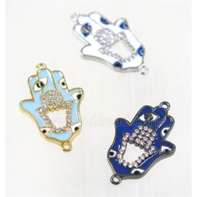 copper Hamsahand connector paved zircon with evil eye, mix color