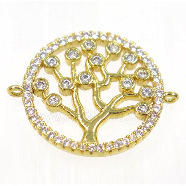 copper Tree Of Life connector paved zircon, gold plated