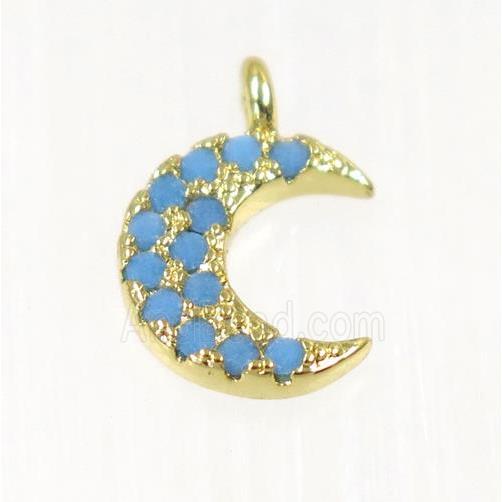 copper Crescent moon pendant paved zircon, gold plated