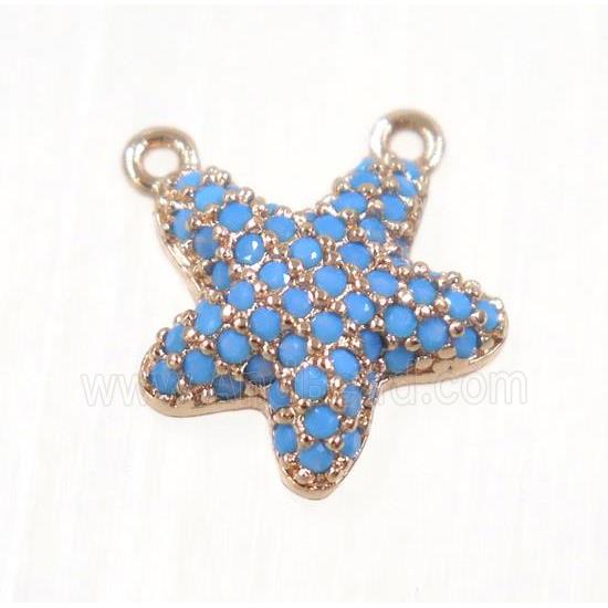 copper Starfish pendant paved zircon with 2loops, rose gold, turq
