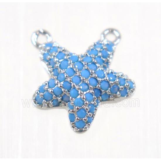 copper Starfish pendant paved zircon with 2loops, platinum plated, turq