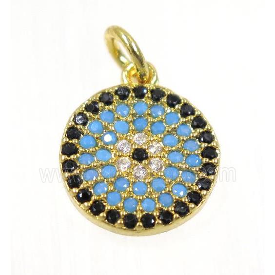 copper Circle pendant paved zircon, gold plated, turq