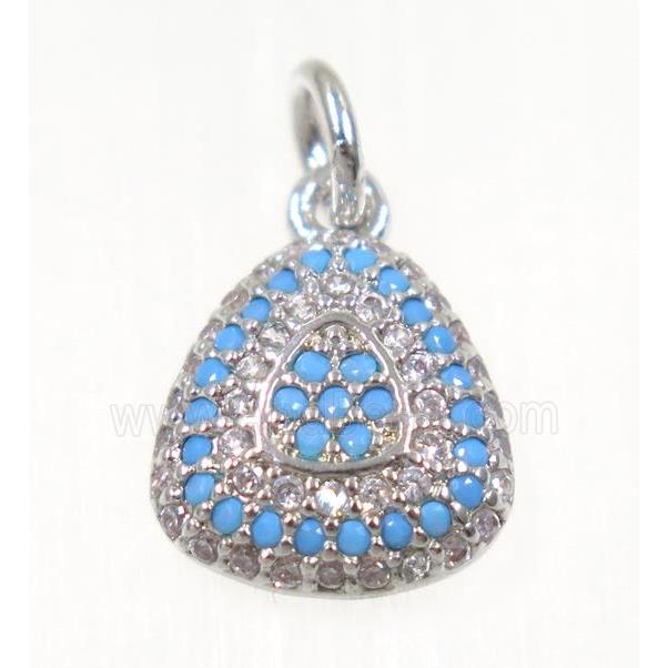 copper Teardrop pendant paved zircon, platinum plated, turq