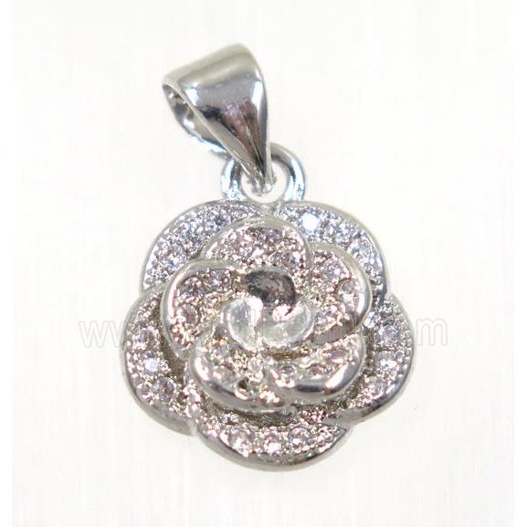 copper flower pendant paved zircon, platinum plated