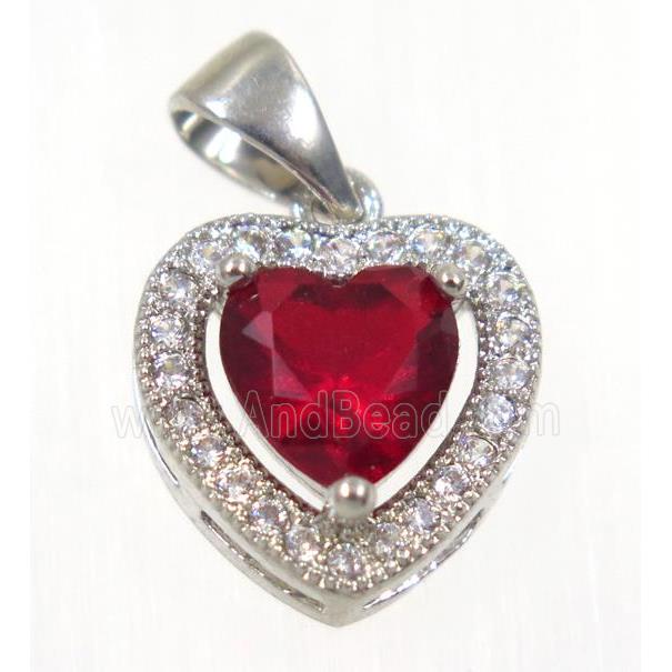 copper Heart pendant paved red zircon, platinum plated