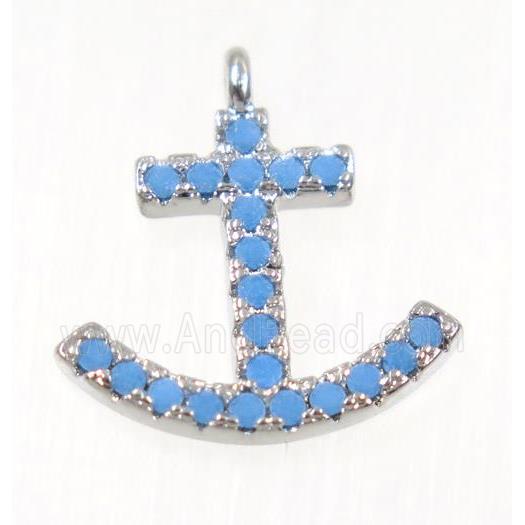 copper Anchor pendant paved zircon, platinum plated