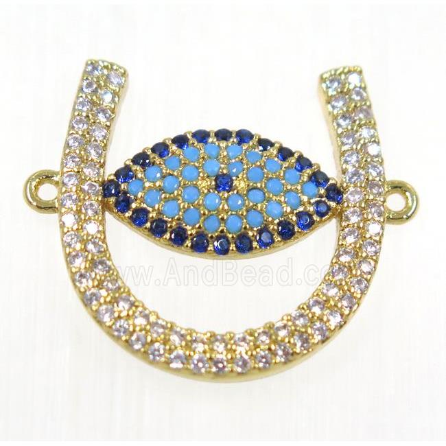 copper U connector paved zircon with evil eye, gold plated