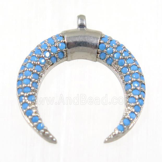copper Crescent moon pendant paved zircon, platinum plated, turq