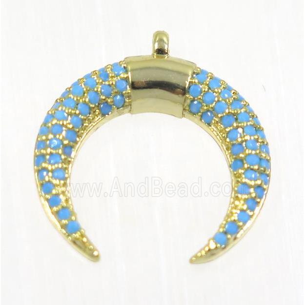 copper Crescent moon pendant paved zircon, gold plated, turq