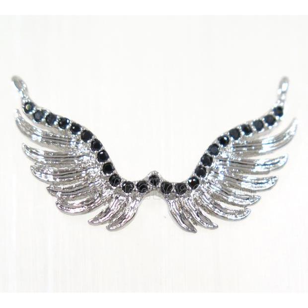 copper angel wing pendant paved zircon with 2loops, platinum plated