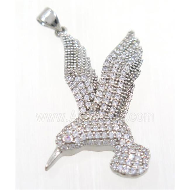 copper Hummingbird pendant paved zircon, platinum plated