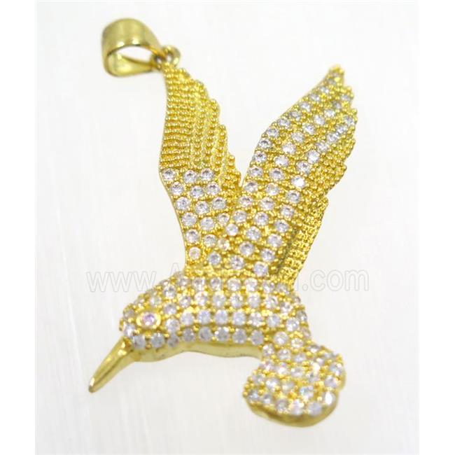 copper Hummingbird pendant paved zircon, gold plated