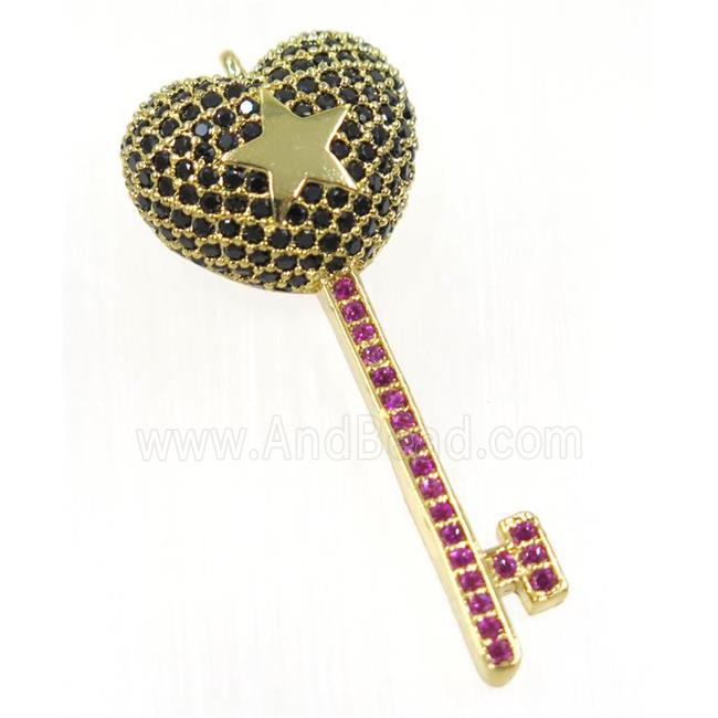 copper Key pendant paved zircon, gold plated