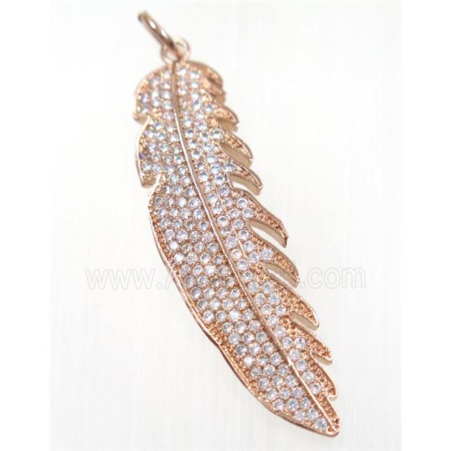 copper Feather pendant paved zircon, rose gold