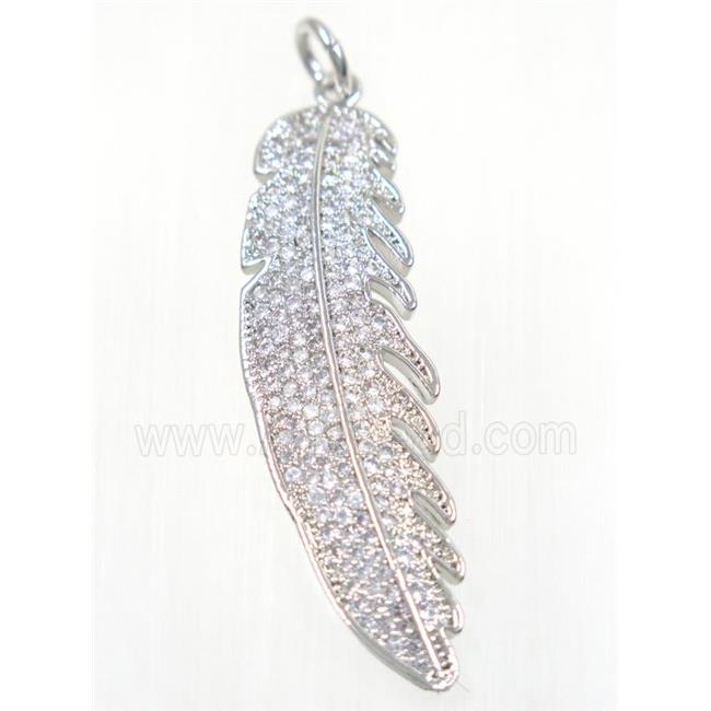 copper Feather pendant paved zircon, platinum plated