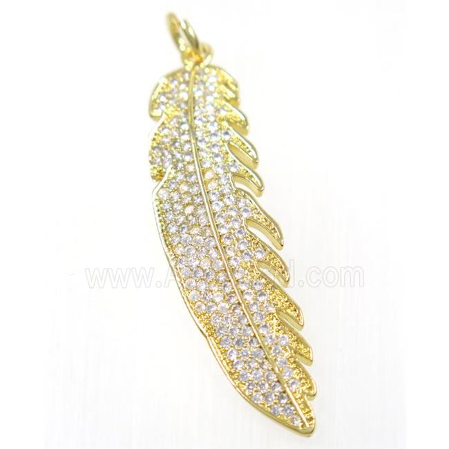copper Feather pendant paved zircon, gold plated