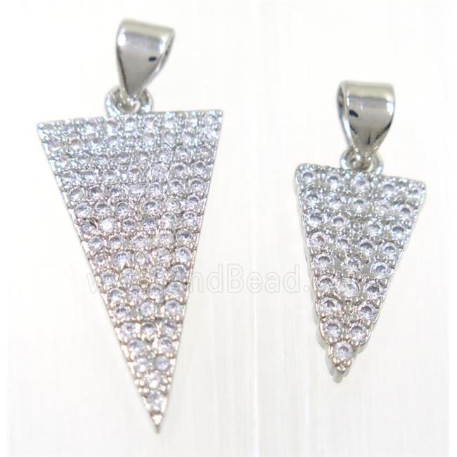 copper Triangle pendant paved zircon, platinum plated