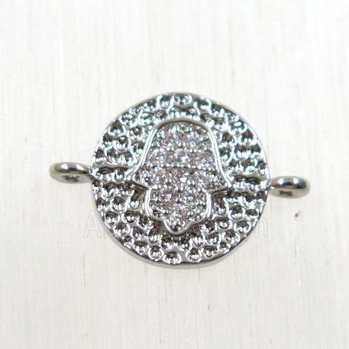 copper circle connector paved zircon with hamsahand, platinum plated