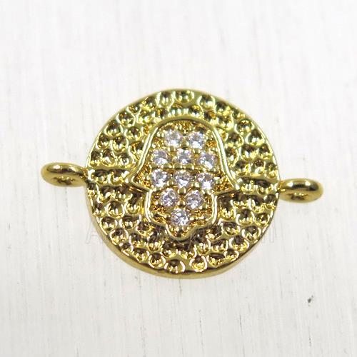 copper circle connector paved zircon with hamsahand, gold plated