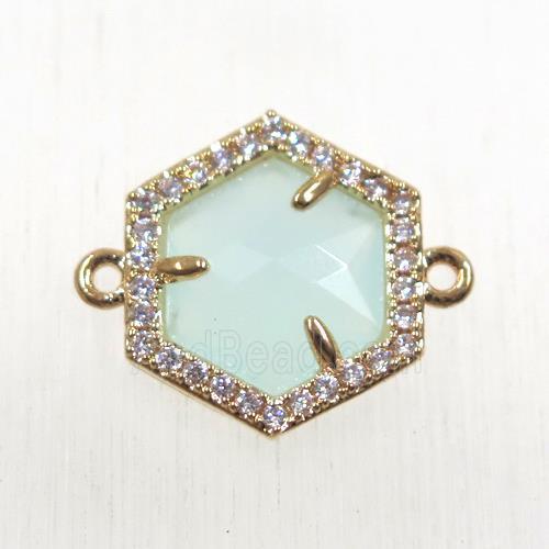 whitegreen crystal glass hexagon connector paved zircon, gold plated