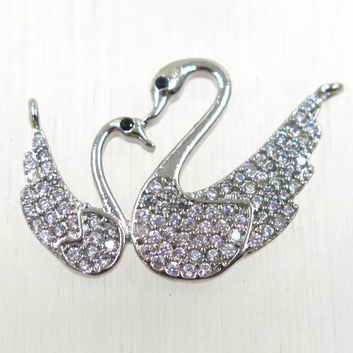 copper couple swan pendant paved zircon with 2loops, platinum plated
