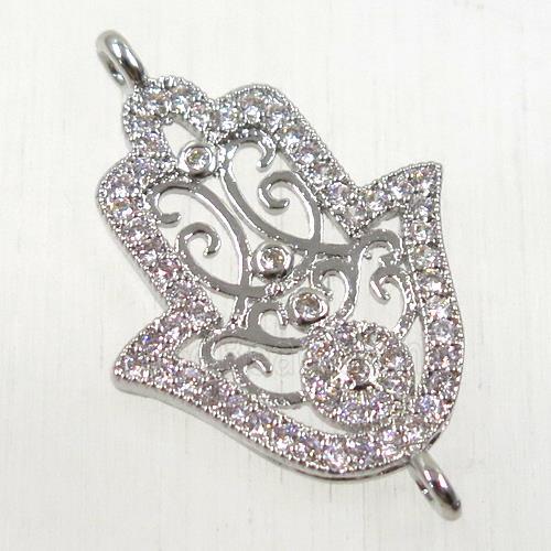 copper hamsahand connector paved zircon, platinum plated