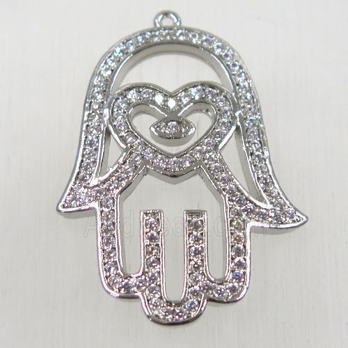 copper hamsahand pendant pave zircon, platinum plated