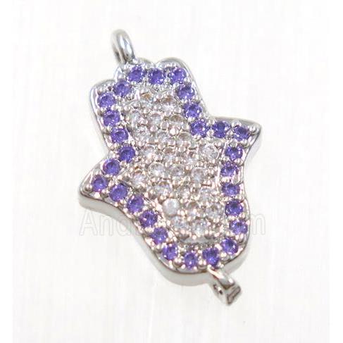 copper hamsahand connector pave zircon, platinum plated