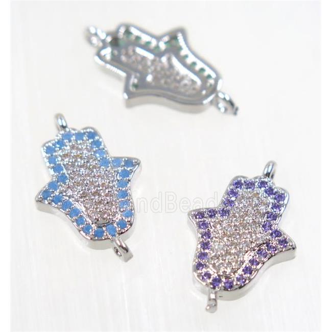 copper hamsahand connector pave zircon, platinum plated, mix